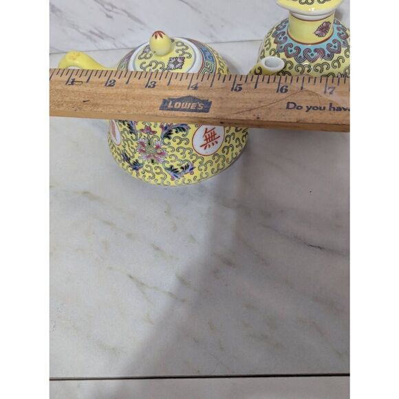Vintage Mun Shou Longevity Teapot & Soy Sauce Bottle Yellow Dragon Porcelain Mad - Picture 6 of 9